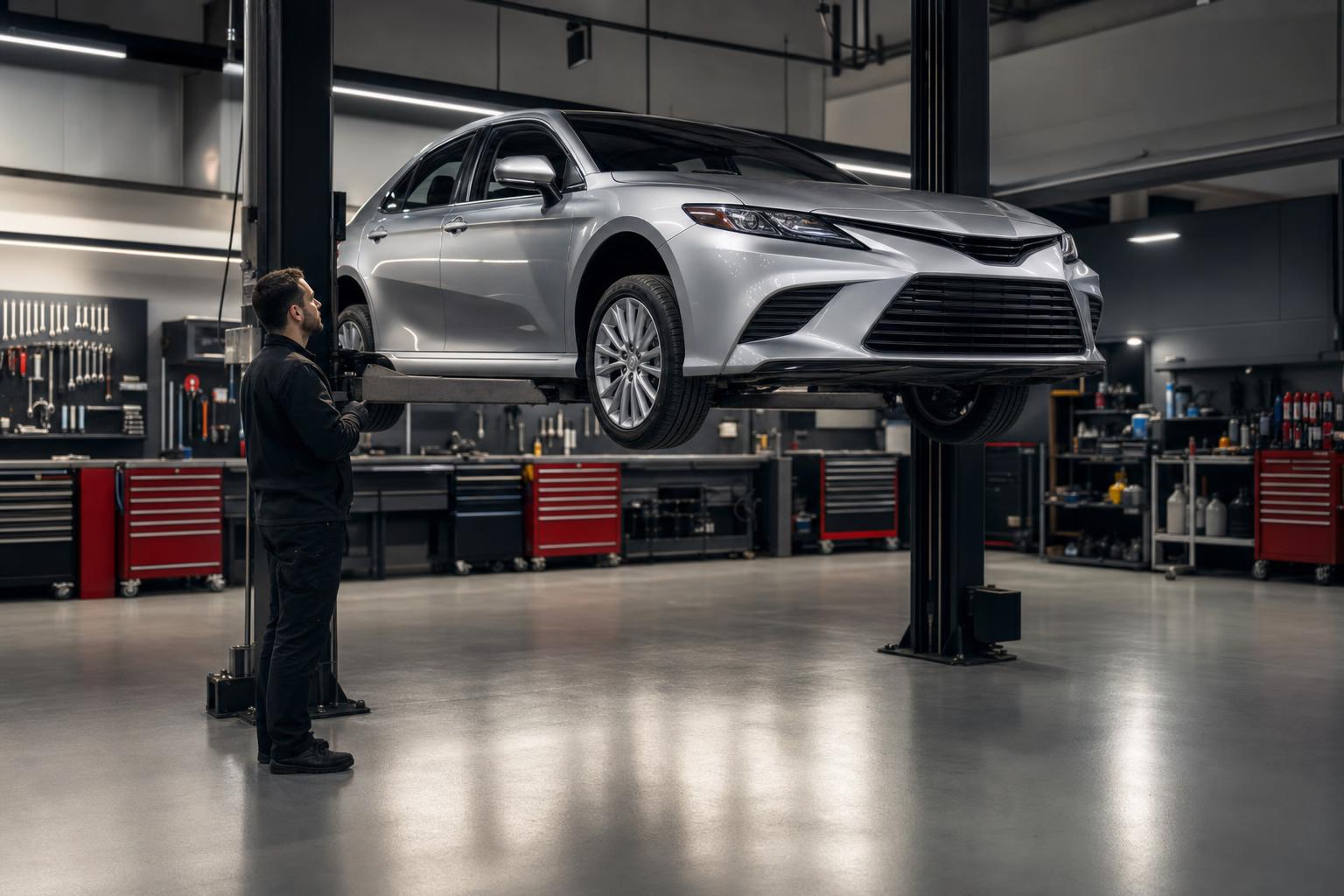 Toyota Camry на подъёмнике в сервисе Di-Cars в Самаре