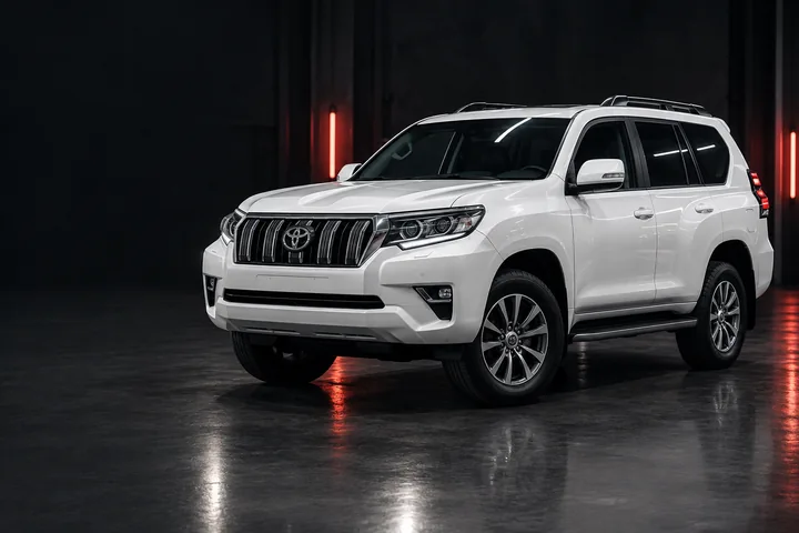 Toyota Land Cruiser Prado 150, автомобиль в тёмной студии — ИИ-иллюстрация